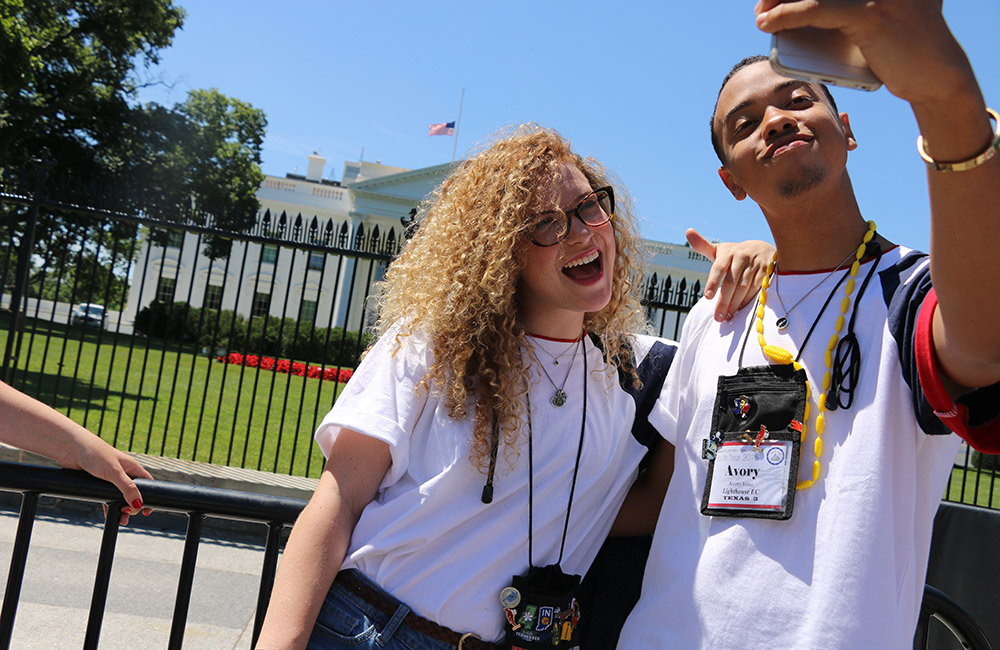 Youth Tour participants taking selfie in front of White House