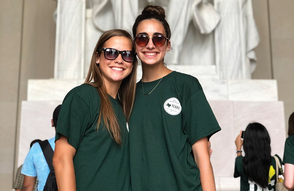 Hannah Franklin, right, South Plains EC, with Emilee Bethke, Victoria EC, at the Lincoln Memorial.